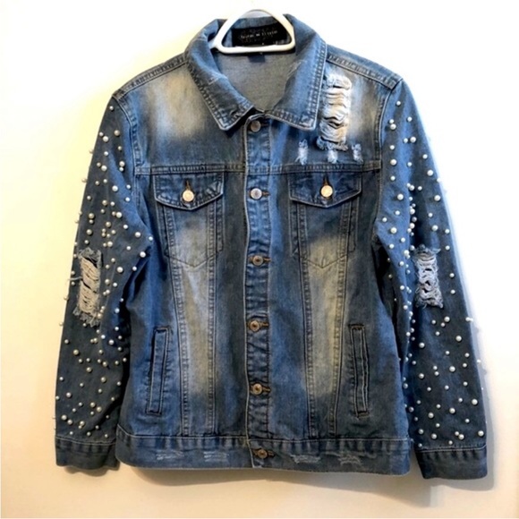 Live a Little Faux Pearl Studded Distressed Jean Jacket - Picture 1 of 7
